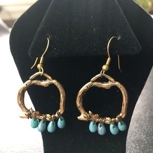 Branch earrings, with turquoise glass beads.